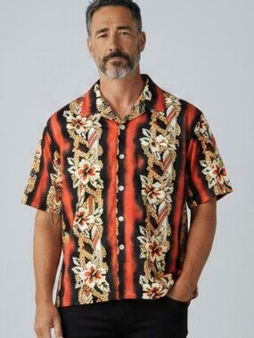 OTB Hawaiian Shirt Men's Size Large‎ Black Orange Floral PRint